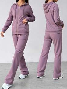 Conjunto de sudadera con capucha y cremallera para mujer -pantalones de pierna ancha, estilo casual y moderno, ideal para múltiples ocasiones. Tela suave y transpirable, diseño con detalles en negro y oro, - Morado claro 1 - Ver 4