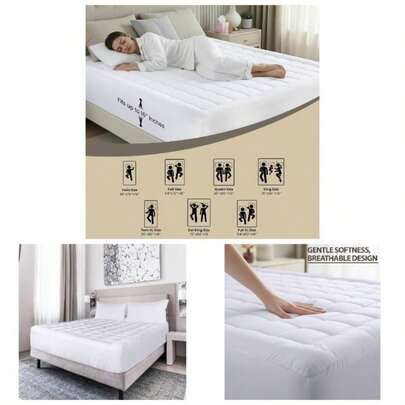 Mattress Pad, Quilted Fitted Premium Mattress Protector, Deep Pocket Cover Stretches To 16 Inches, Fluffy Pillow Topper 60x80 Inches, White