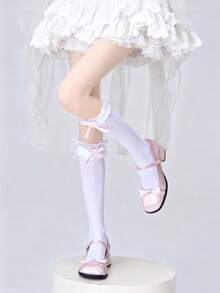 1 par de calcetines versátiles de becerro con volantes de encaje dulce y estilo preppy para mujer