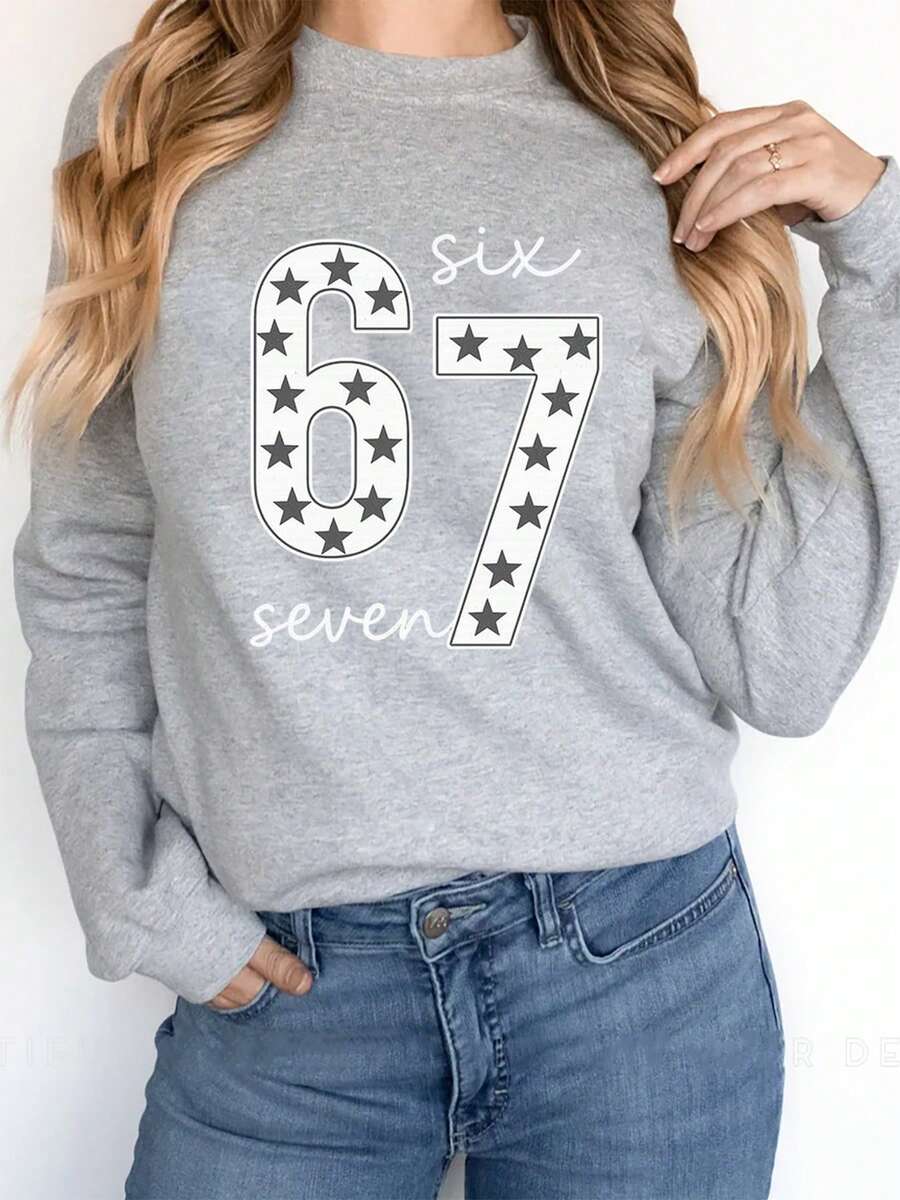 Star Print Number Sweatshirt Oversized Crewneck Casual Style 67 Six Seven Graphic Design Women Streetwear Everyday Wear - Xám - Xem 1