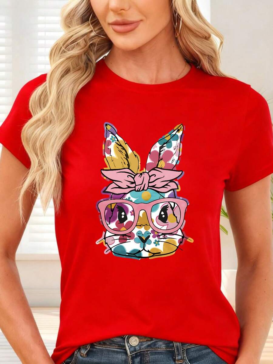 Camiseta de con Estampado de Conejo con Gafas y Pañuelo Colorido para Primavera y Verano - Rojo - Ver 1