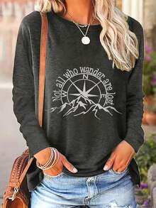 1 Piece Of Printed Round Neck T-Shirt, Casual Long Sleeve Comfortable Daily Wear Top, Suitable For Spring And Autumn, Women's Classic Versatile - 灰色的 - 查看 12