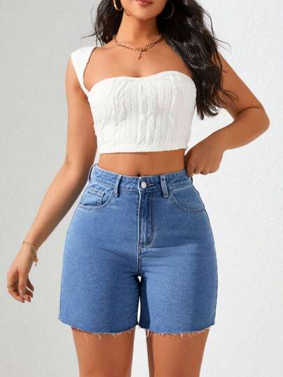 Pantalones cortos vaqueros de mujer, de estilo informal y a la moda, con bolsillo y bajo deshilachado.