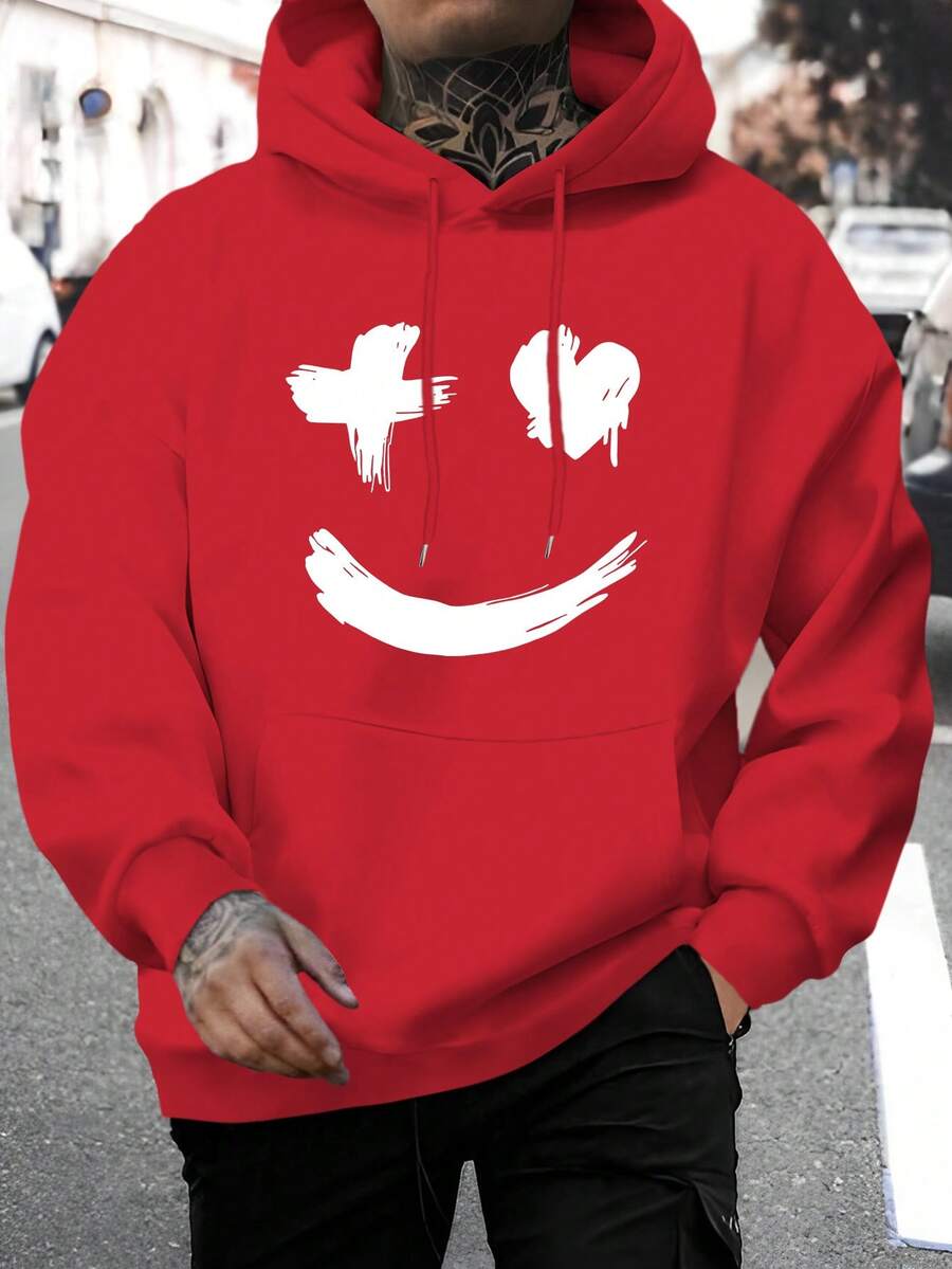Sudadera con Capucha para Hombre con Estampado de Cara Alegre y Ojo X - Buzo Casual /Blanco con Capucha Ajustable, Manga Larga y Abrigado para Invierno, Ideal para Atuendos Informales, Fiestas y Salidas (Estampado de Cara Alegre en la Espalda) - Rojo - Ver 1