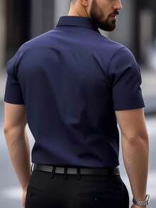 Stylish Men's Short-Sleeved Shirt With Lapel And Buttons For Summer. - Azul Marino - Ver 3