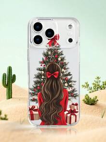 Funda de teléfono con diseño de chica frente al árbol de Navidad en estilo artístico, estampado navideño con vestido rojo, lazo en el cabello y árbol decorado con bolas y regalos, ambiente festivo y acogedor ideal para Navidad y celebraciones, estilo elegante y romántico, funda transparente, resistente a golpes, alta transparencia, compatible con iPhone17/16/15/14/13/12/11/Plus/Pro/ProMax, compatible con Galaxy A34/A35/A54/A55, Galaxy S20/S21/S22/S23/S24/S25 Ultra/Plus, compatible con Moto/Galaxy/Redmi/Honor/OPPO - transparente - Ver 1