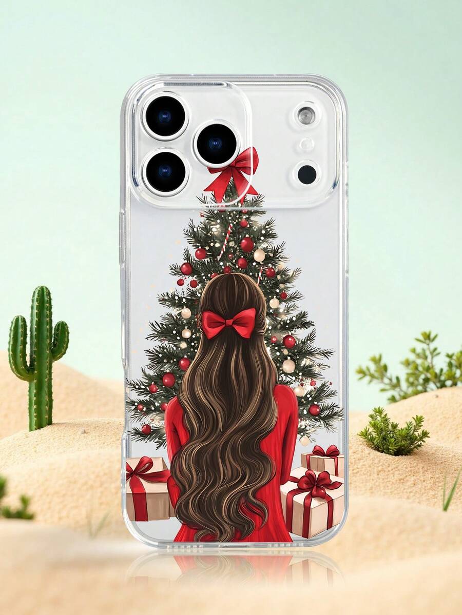 Funda de teléfono con diseño de chica frente al árbol de Navidad en estilo artístico, estampado navideño con vestido rojo, lazo en el cabello y árbol decorado con bolas y regalos, ambiente festivo y acogedor ideal para Navidad y celebraciones, estilo elegante y romántico, funda transparente, resistente a golpes, alta transparencia, compatible con iPhone17/16/15/14/13/12/11/Plus/Pro/ProMax, compatible con Galaxy A34/A35/A54/A55, Galaxy S20/S21/S22/S23/S24/S25 Ultra/Plus, compatible con Moto/Galaxy/Redmi/Honor/OPPO - transparente - Ver 1