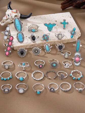 MONLOTTI Vintage Bohemian Vintage Turquoise Personalized Ring Set, Featuring Turquoise Ox Head, Cross, Flower, Oval, Cactus, Pink Turquoise Designs. Various Combinations Are Delivered Randomly To Bring Surprises. It Can Be Easily Matched With Any Occasion. Women's Ring Gift, Free Shipping.