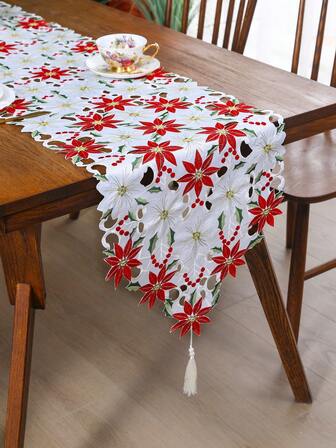1 pieza Camino de mesa/individual bordado con diseño calado de flor navideña, bordado de poliéster de alta gama, resistente al polvo, decorativo, adecuado para mesa de comedor, mesa de café, cómoda, mueble de TV, decoración del hogar diaria y fiesta de boda navideña
