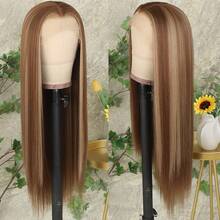 13X4 Pink & Brown Lace Front Wigs Pre Plucked Soft Free Part Long Straight Wigs Glueless Pink Skunk Stripe Wig Wear And Go Wig Heat Resistant Fiber Hair Synthetic Lace Front Wigs For Fashion Women For Daily Christmas Party Cosplay Use - 挑染金色 - 查看 4