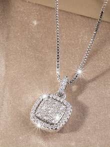 1pc Light Luxury Style Square Cubic Zirconia Pendant Necklace, Fashionable And Simple Jewelry For Women's Daily Wear - Silver - View 3