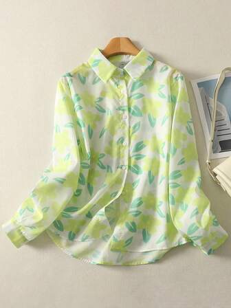 Autumn Winter New Fresh French-Inspired Women's Versatile Floral & Leaf Print Long Sleeve Woven Button-Up Shirt, Casual Wear