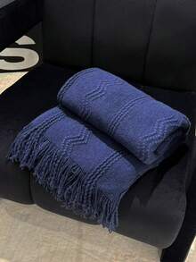 1pc Wavy Pattern Blanket, Nordic Style Acrylic Rectangle Tassel Solid Color Sofa Cover Blanket, Bedding Decor Throw Rug, Nap Blanket, Knitted Blanket - Vertical Stripes With Three Bends, Dark Blue - View 2