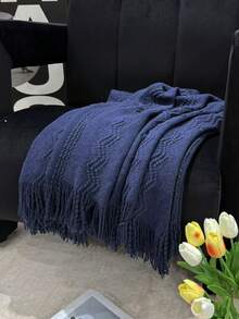 1pc Wavy Pattern Blanket, Nordic Style Acrylic Rectangle Tassel Solid Color Sofa Cover Blanket, Bedding Decor Throw Rug, Nap Blanket, Knitted Blanket - Vertical Stripes With Three Bends, Dark Blue - View 3