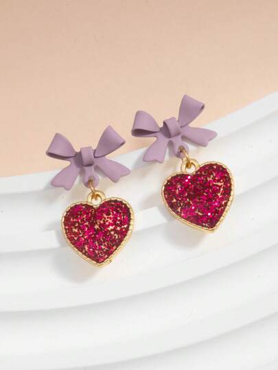 1 Pair Of Red Bow Heart Earrings Valentine's Day Earrings(No Cards)