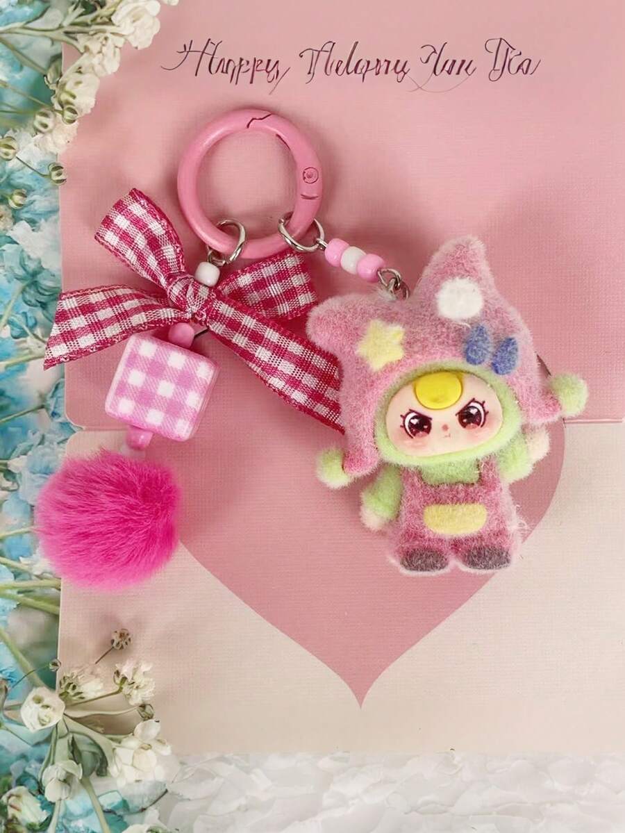 New Adult Unisex Dopamine Design Cute Cartoon Big Ear Flocked Keychain, Solid Plastic Key Chain, Bag Pendant, Water Bottle, Backpack, Car Decor, Daily Accessory, Holiday, Birthday Gift - Multicolor - View 1