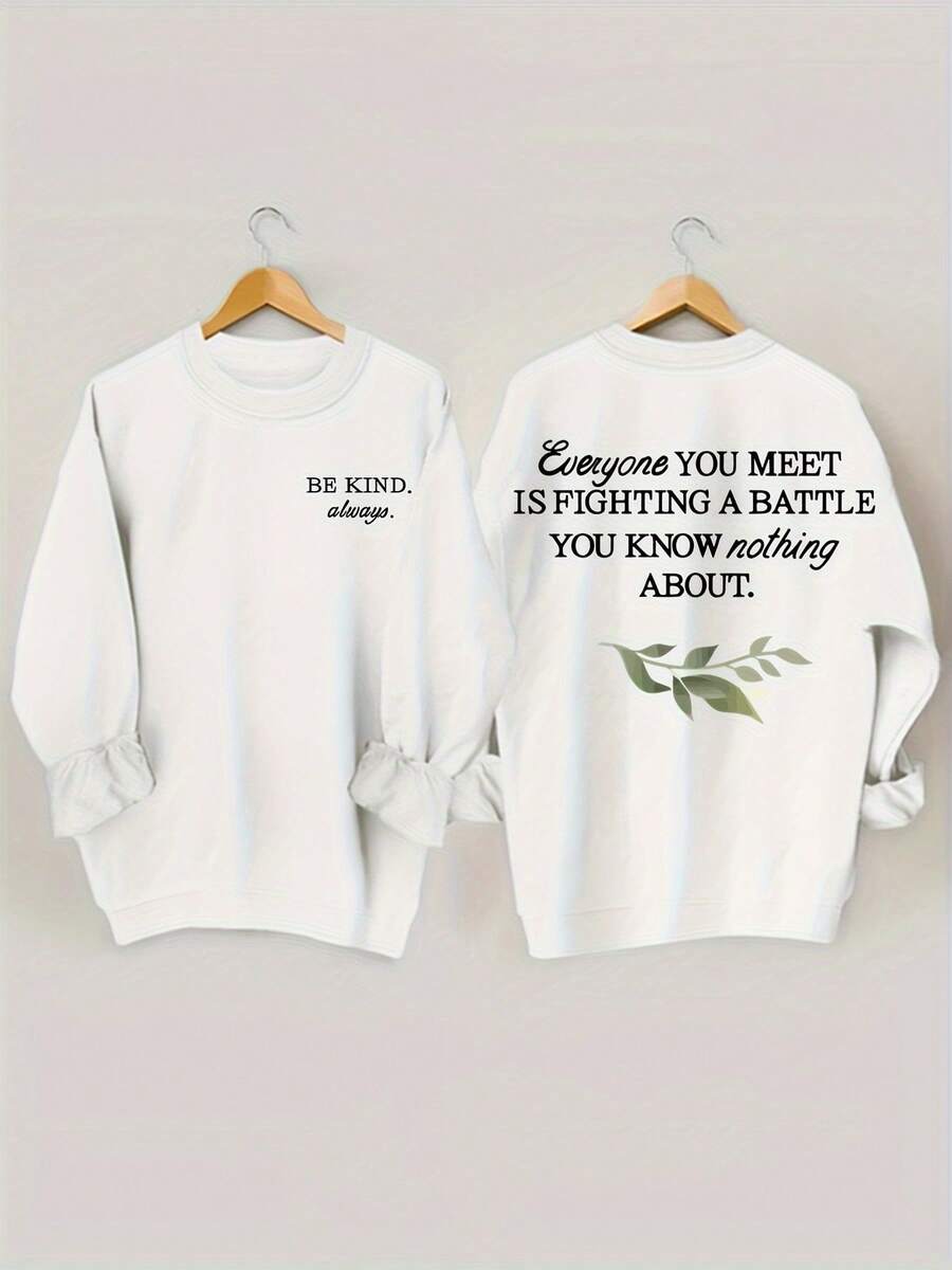 Winter Clothes Vibrant Plant & Letter Print Crew Neck Sweatshirt - Cozy Long Sleeve, Casual Women's Clothing - Soft, Breathable, And Comfortable - 白色 - 查看 1