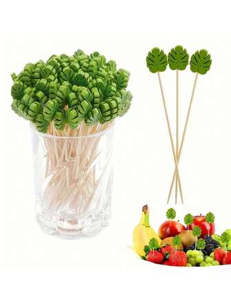 20/50/100/200 Stücke Monstera Blatt Frucht Picker, Party Deko Zahnstocher, Hawaiianische Bambussspieße, Appetizer Ess- und Trinkstäbchen, geeignet für Obst, Desserts, Obstplatten, Outdoor Grillen