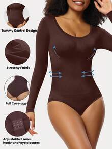 1pc Women's Seamless Crew Neck Long Sleeve Shapewear, Full Coverage Comfortable Bodysuit - Brown - View 3