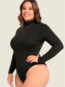 Long-Sleeved Bodysuit, Suflex Fabric, No Padding, Plus Size, Simple, Casual, Elegant. No Holidays. - 黑色 - 查看 2