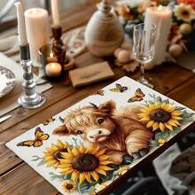 4/6pcs Sunflower & Butterfly Farmhouse Placemats - Heat-Resistant Linen Table Mats With Cute Cow Design, Durable & Easy-Clean, Perfect For Kitchen & Dining Tables, Easy-Clean Mats| Sunflower Pattern| Heatresistant Mats, Sunflower Decor - 農家 - 查看 7
