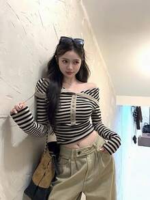 Women's Fashion Off-Shoulder Button Striped Collar Casual Long Sleeve Slim Fit Blouse, Suitable For Valentine's Day, Winter/Spring/Summer - Khaki - View 1