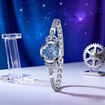 AERYDE Women's Watch. The Overall Color Scheme Is Silver, Which Looks Simple And Elegant. The Blue Dial Has A Layered Design, Adding A Refined Touch. The Strap Combines Chain Links And Woven Textures, And The Unique Design At The Connection Points Above And Below The Dial Exudes A Fashionable Elegance.