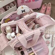 New Fashionable Women's Lightweight Travel Cosmetic Bag 4-Compartment Design Front Pocket With Two Large Mesh Pockets And Clear Bottom Storage Bag Includes Elastic Drawstring Makeup Brush Pouch Available In Four Colors - 粉紅色 - 查看 2