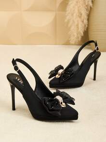 SVRM Women's High Heel Pointed Toe Satin Wedge Shoes With Bow Decor, Rhinestone Embellishment, Elastic Strap, Sexy Party Pumps - Black - View 3