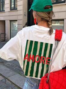 Summer T-Shirt, Simple Fashion Striped Design, English Print, Casual Round Neck White Short Sleeve T-Shirt, Elegant And Versatile Women's Top, Amore - 白色 - 查看 2