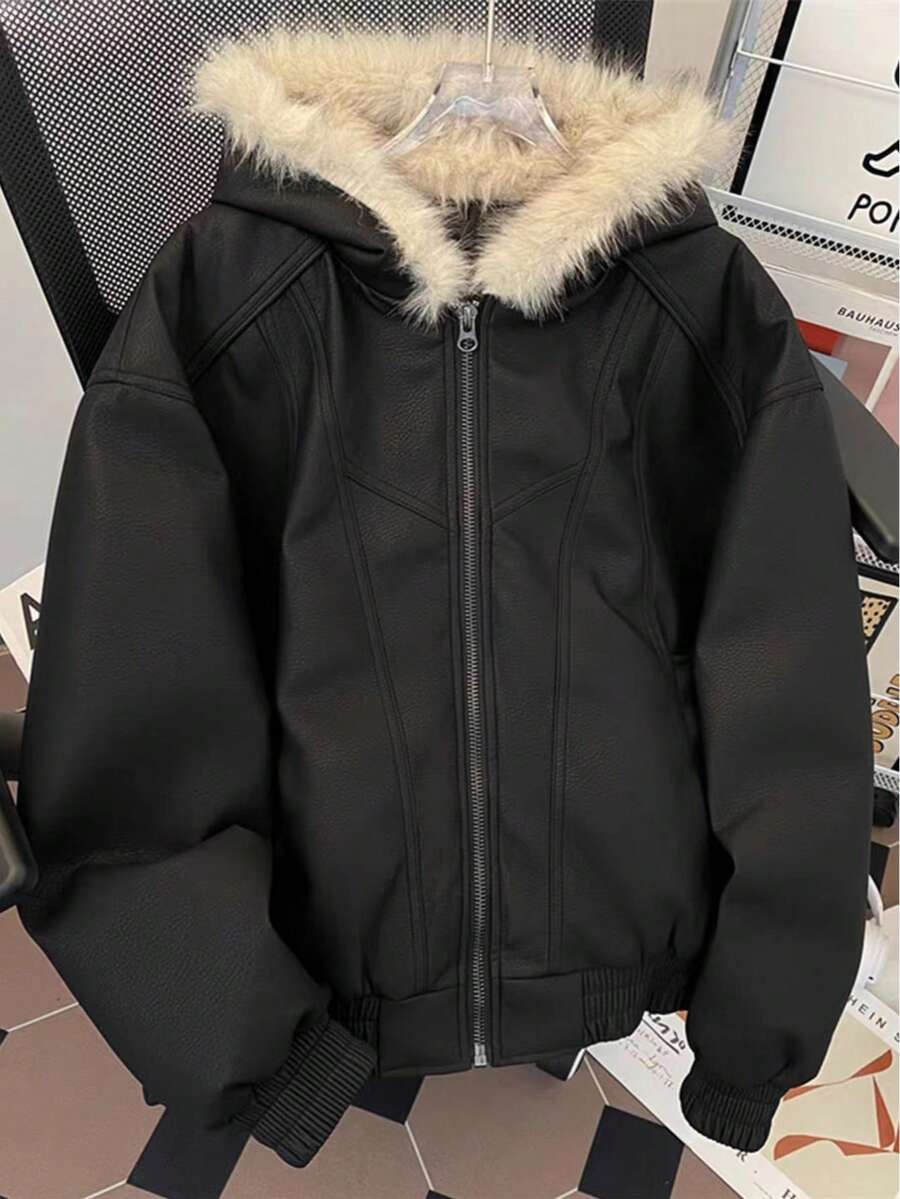 Winter, American Style, PU Leather, Lamb Fur, Thickened, Warm, Casual, Stylish, Hooded, Double Press Lines, Leather And Fur In One Piece, Jacket, Padded, Quilted, Men's Coat - 棕色 - 查看 1