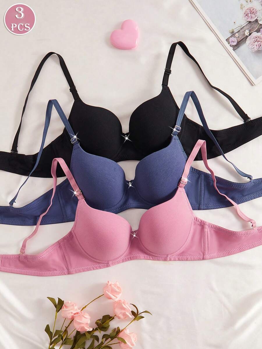 3pcs Women's Comfortable Sleep Soft Cup Cotton Bras With Wire - Multicolor - View 1