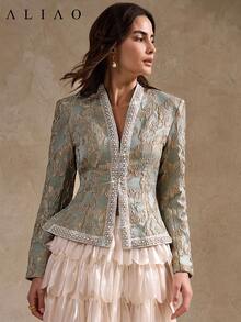 A&A Romantic 3D Jacquard Embossed White Pearl Decorated Collar Cinching Waist Long-Sleeved Coat, Court Style, Elegant, Suitable For Commuting, Vacation, Romantic And Wedding Season, Fall & Winter Outfit - Green - View 6