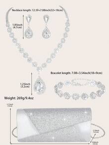 5件套女士首饰套装，包括项链、耳环、手链和单肩包，镶嵌闪亮水钻，饰以水滴向日葵设计元素，另配女士晚宴手拿包，百搭新娘婚礼钱包，适合派对、婚礼、舞会、宴会等场合，可搭配婚纱、礼服、晚礼服、生日礼服、派对礼服。 - 白色 - 查看 5