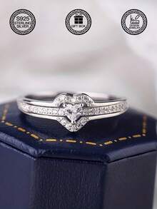 Anillo de joyería de plata de ley 925 con doble capa de corazón y círculo geométrico, adecuado para mujeres, joyería de boda, compromiso y novia, empaquetado en caja de regalo para el Día de San Valentín