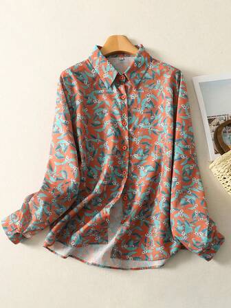 秋冬新款优雅女士时尚长袖纽扣前开襟梭织植物印花衬衫