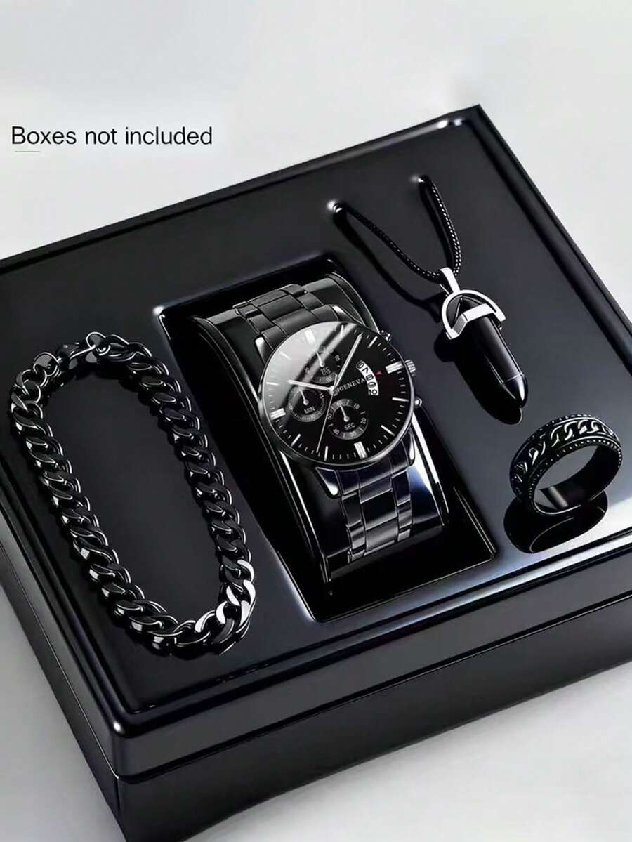 4pcs Men's Steel Band Quartz Watches, Sports Chronograph Watches - Perfect For Halloween, Christmas, Thanksgiving, Valentine's Day, Etc. - Ideal Gift For Boyfriend Or Family - Black - View 1