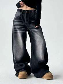 Quần Jeans Ống Thẳng Đen Giặt Cổ Điển Cho Bé Gái Tuổi Teen, Kiểu Dáng Ống Rộng Thường Ngày - màu đen - Xem 3