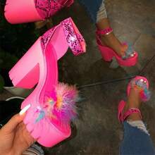 Western Plus Size Faux Fur Thong High Heel Sandals For Women; One Buckle Thick Heel Waterproof Platform Fashion - Màu Hồng Tươi - Xem 1