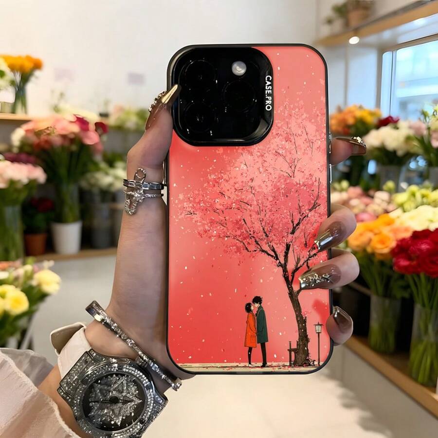 Funda para iPhone con impresión de pareja de cerezos rosados románticos, funda protectora para teléfono, funda de moda para el Día de San Valentín, aniversario aplicable a los teléfonos de las series Apple y Galaxy - Negro - Ver 1
