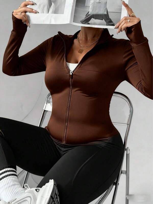 FWH Office-To-Gym Convertible,Bust-Enhancing & Waist-Slimming, Low Neckline For Yoga,Thumbhole Cuffs,Professional Yet Sexy,Tummy Control Zip Front With Thumbholes,Bust-Contouring Darts,4-Way Stretch Fabric,Elegant Performance Jacket,Plus Size Friendly,Women's Stretch Zip-Up Yoga Jacket