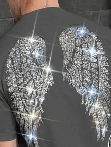 黑色男士水钻翅膀图案休闲百搭圆领短袖T恤，夏季 - 深灰色 - 查看 4