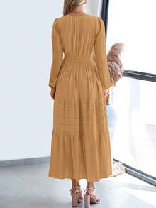 Women Fall Maxi Dresses Long Sleeve High Waist Tiered Flowy A-Line Boho Bohemian Long Dress Beach Holiday Vacation Wedding Guest Valentine Outfit - 卡其色 - 查看 2