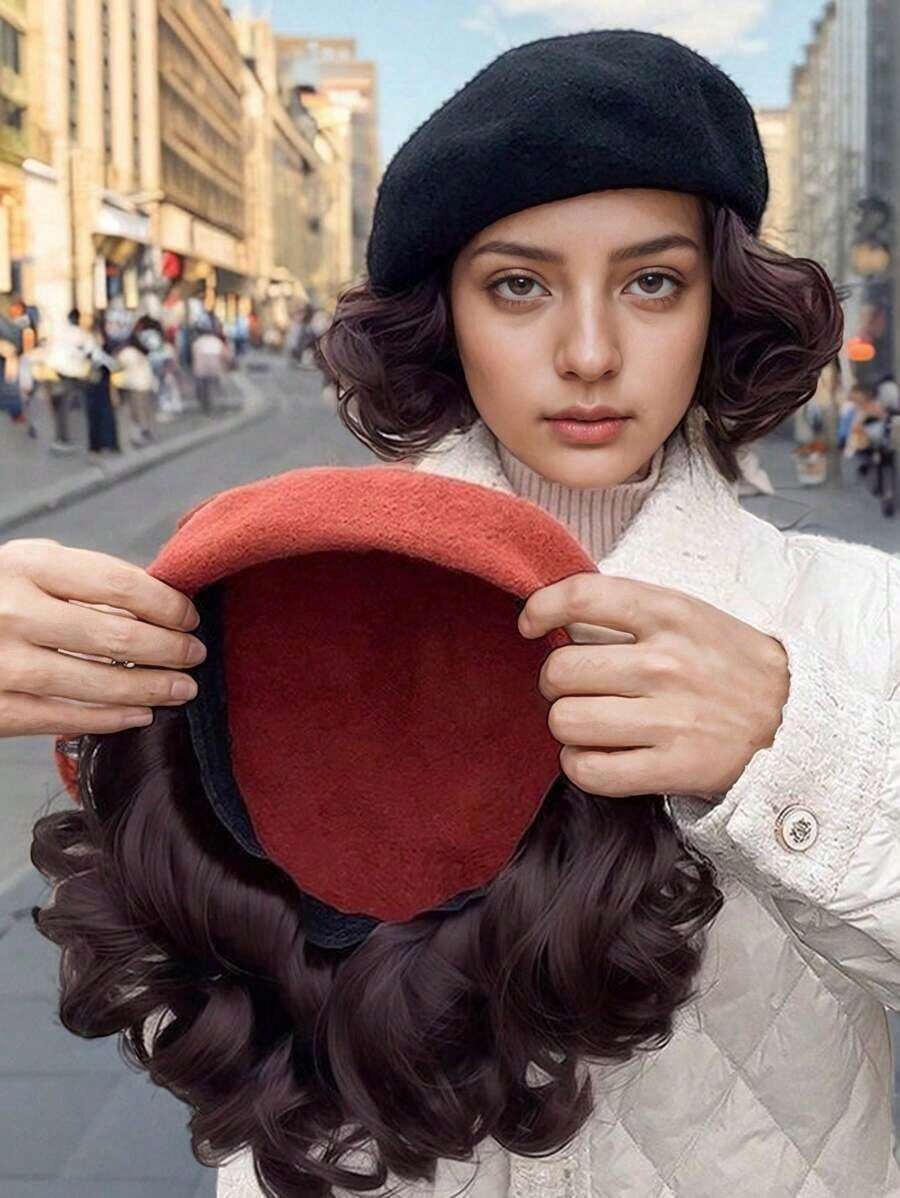 1pc Women Beret Hat With Wig, 2 In 1 Fashion Beanie Short/Long Curly Wig, Suitable For Baldness, Daily Wear, Date, Party, Outgoings, Valentine's Day, Mother's Day Gift, Brown Black, Spring, Autumn, Winter Winter Accessories Winter Outfits - 彩色 - 查看 1