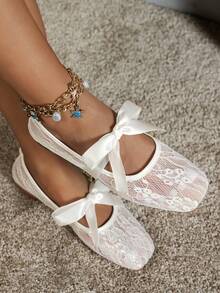 蝴蝶结方头女士平底鞋，时尚镂空透气蕾丝网面平底鞋，温柔优雅的玛丽珍芭蕾平底鞋