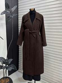 SMILE CHIC Brown Long Lapel Faux Wool Blend Coat With Belt, Versatile & Durable For Daily Wear - Rust Brown - View 4