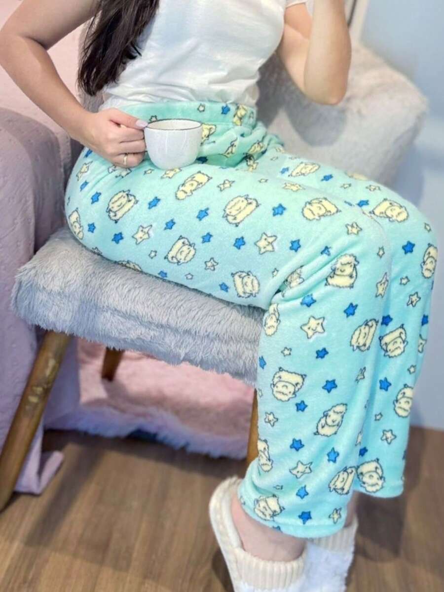 Women's Warm, Comfortable Fleece Pants With A Luxurious Green Sheep Print - Màu xanh chanh - Xem 1