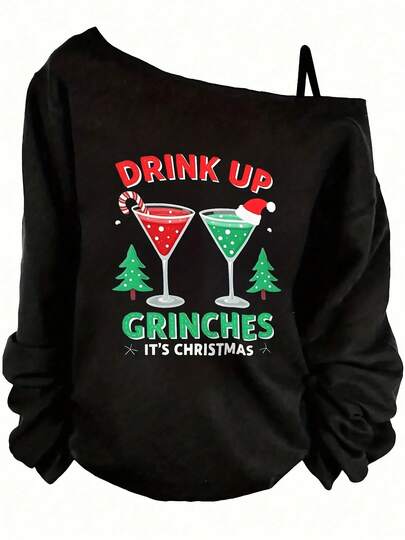 Black Off-Shoulder Long-Sleeve Top With Christmas Design - 'DRINK UP' In Red Bold Letters, Martini Glasses (Red Drink With Specks & Green Drink With Santa Hat), Candy Cane, Green Christmas Trees, 'GRINCHES' In Green Bold Letters, 'IT'S CHRISTMAS' In White Text With X-Decorations - Festive Christmas Party Top For Women- Plus Size Asymmetric Neck Long Sleeve Sweatshirt - Women's Fall Top - Women's Winter Outfits: Elegant Conjunto De Mujeres + Flowy Top, Blusas & Top