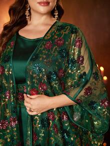 UNITHORSE Plus Women's Round Neck Batwing Sleeve Sequin Patchwork Mesh Embroidered Belt 2 Pieces Turkish Robe - Dark Green - View 4