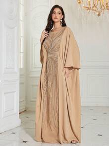 UNITHORSE 女款【随机剪裁】圆领蝙蝠袖长裙新款奢华高端优雅亮片蕾丝拼布哑光缎面女式长袍连衣裙 - 香檳色 - 查看 3